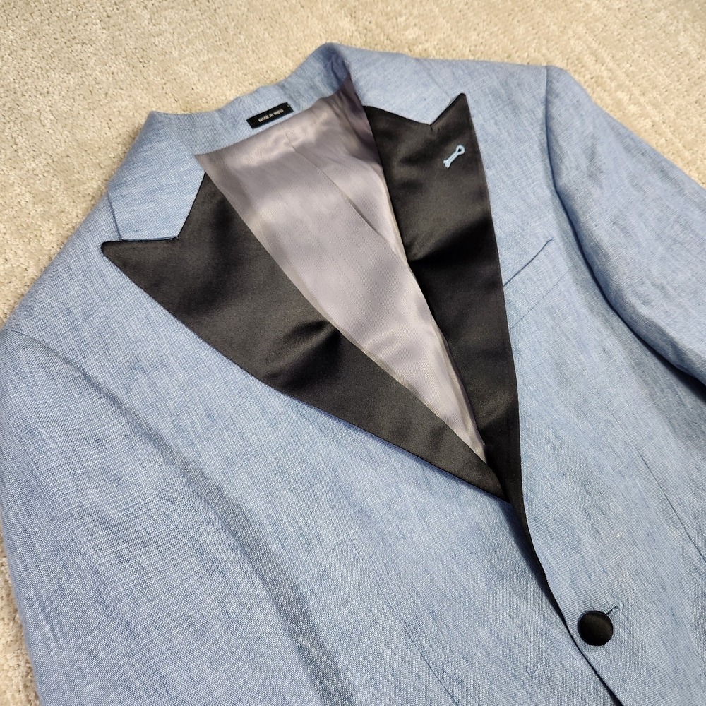 Jos A Bank Blazer Men 35 Short Tuxedo‎ Jacket Blue Linen Chambray Peak Lapel